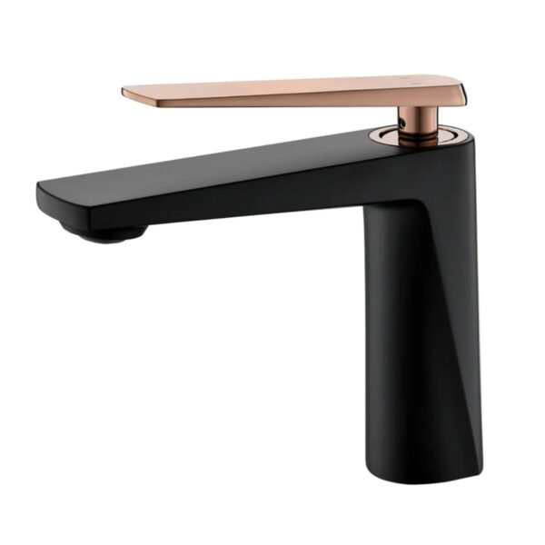 GRIFERÍA DE LAVATORIO CORTA ZEN - HAUSAR<br>NEGRO MATE CON COMANDO EN ROSE GOLD